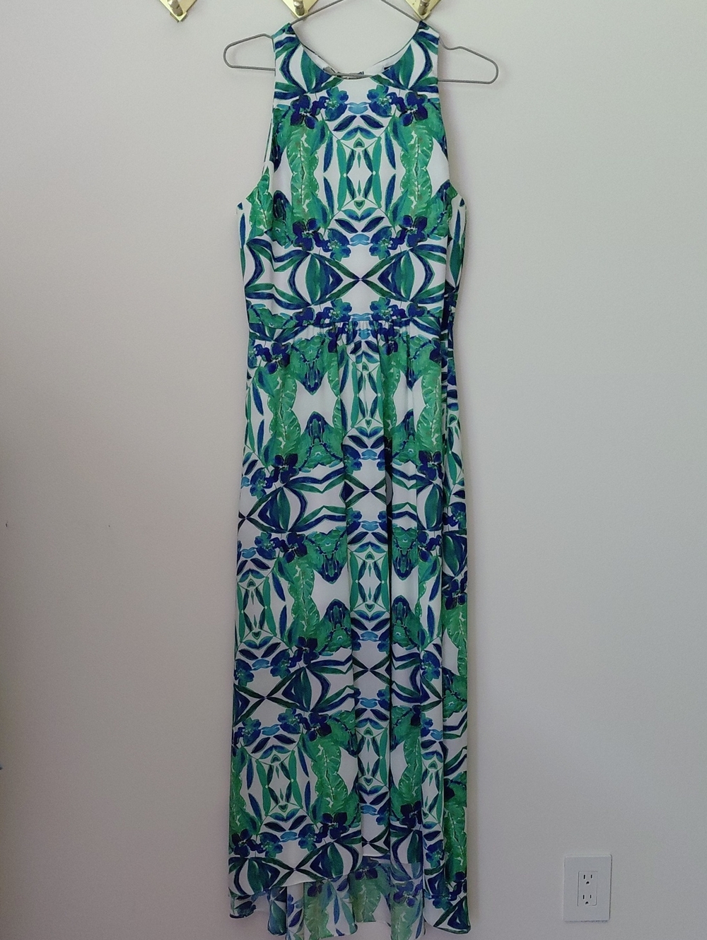 Cynthia Streffe Sleeveless Green & Blue Printed Maxi Dress